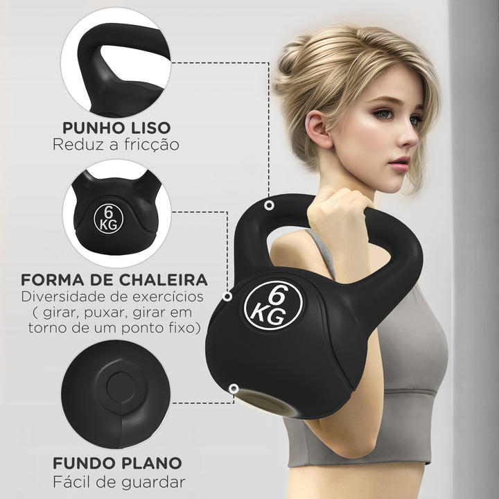 Peso Russo de 6 kg Kettlebell Fitness Preenchido de Areia com Punho Largo Antiderrapante para Exercícios e Treinos em Casa Ginásio 20x13x22 cm Preto