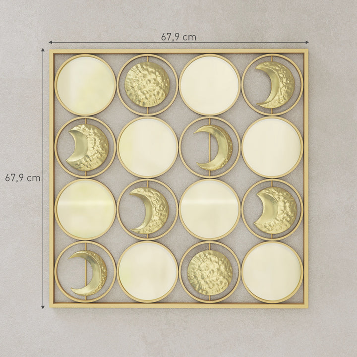 Decoração de Parede Metálica de Fases Lunares Adornos Metálicos Multidirecionais com 16 Discos para Sala Quarto Corredor 67,9x67,9 Dourado