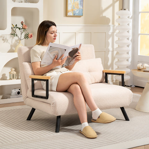 Sofá Cama Sofá Convertível em Cama de 2 Lugares Dobrável com Encosto Ajustável em 5 Níveis e 2 Almofadas Acolchoadas para Escritório Dormitório Sala de Estar 102x73x81 cm Bege