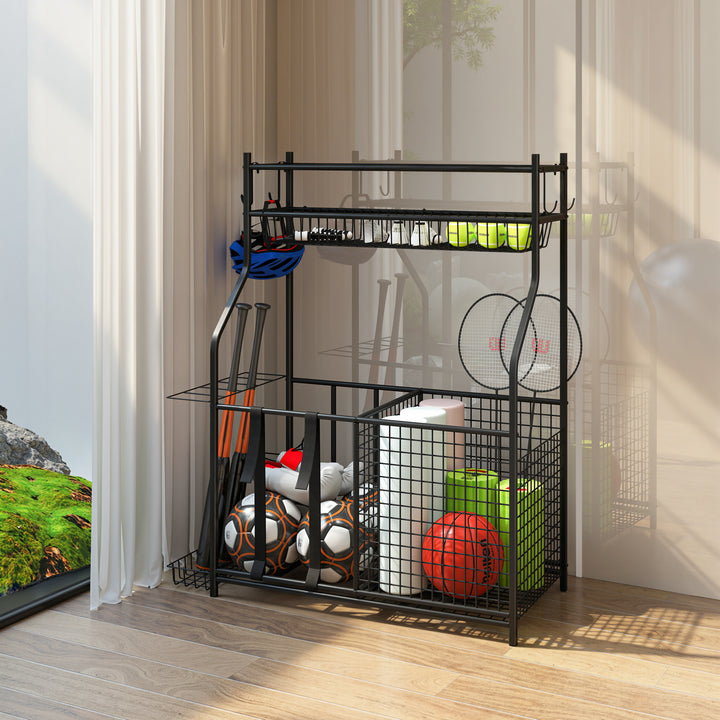 Organizador de Equipamentos Desportivos Armazenamento de Bolas para Garagem com Cesta Ganchos Removíveis e Faixas Elásticas Suporte para Bolas de Basquetebol Futebol para Casa Ginásio 92x42x109 cm Preto