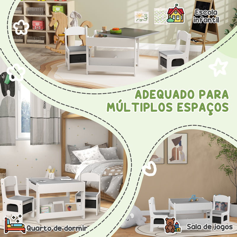 Conjunto de Mesa e 2 Cadeiras Infantis Mesa com Cadeiras para Crianças 2 em 1 com Ardósia Gavetas de Tecido e Espaço de Armazenamento para Quarto Sala de Jogos Cinza