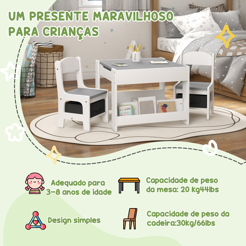 Conjunto de Mesa e 2 Cadeiras Infantis Mesa com Cadeiras para Crianças 2 em 1 com Ardósia Gavetas de Tecido e Espaço de Armazenamento para Quarto Sala de Jogos Cinza