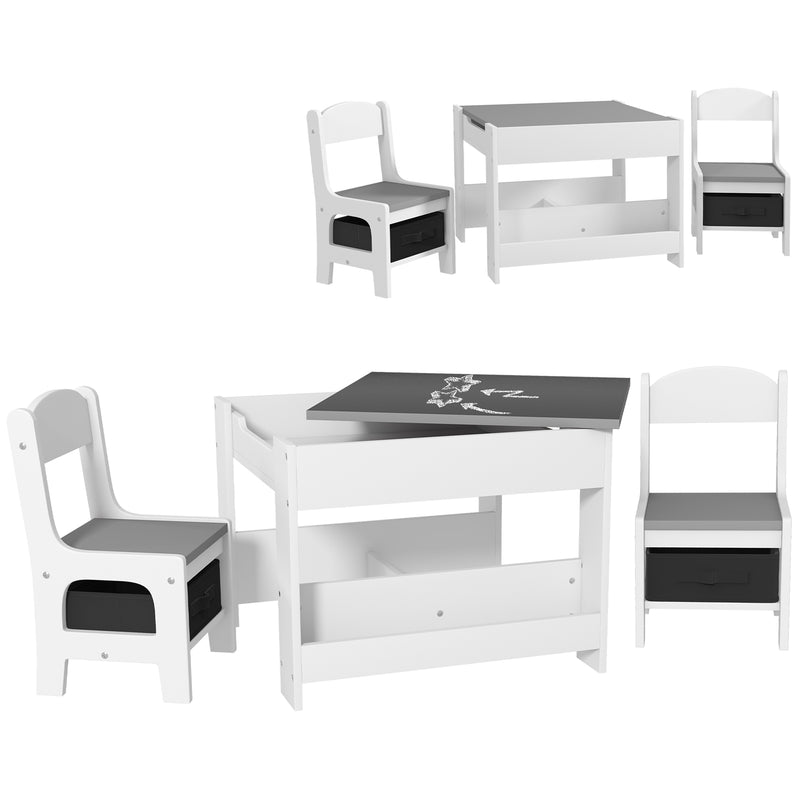 Conjunto de Mesa e 2 Cadeiras Infantis Mesa com Cadeiras para Crianças 2 em 1 com Ardósia Gavetas de Tecido e Espaço de Armazenamento para Quarto Sala de Jogos Cinza