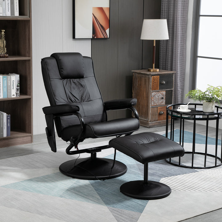 Poltrona de Massagem Elétrica com Banco para Apoiar os Pés Poltrona Relax Giratório Reclinável em até 145° com Controle Remoto e 10 Zonas de Massagem Estofado em PU 77x84x95cm Preto