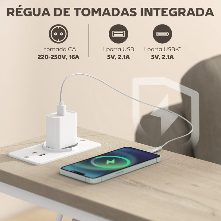 Conjunto de 2 Mesas Auxiliares com Tomada Mesas Auxiliares Estreitas com Tomada AC Porta USB Porta USB-C 2 Gavetas de Tecido Prateleira Aberta para Sala de Estar Quarto Madeira e Branco