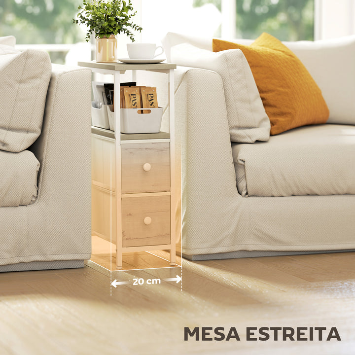 Conjunto de 2 Mesas Auxiliares com Tomada Mesas Auxiliares Estreitas com Tomada AC Porta USB Porta USB-C 2 Gavetas de Tecido Prateleira Aberta para Sala de Estar Quarto Madeira e Branco