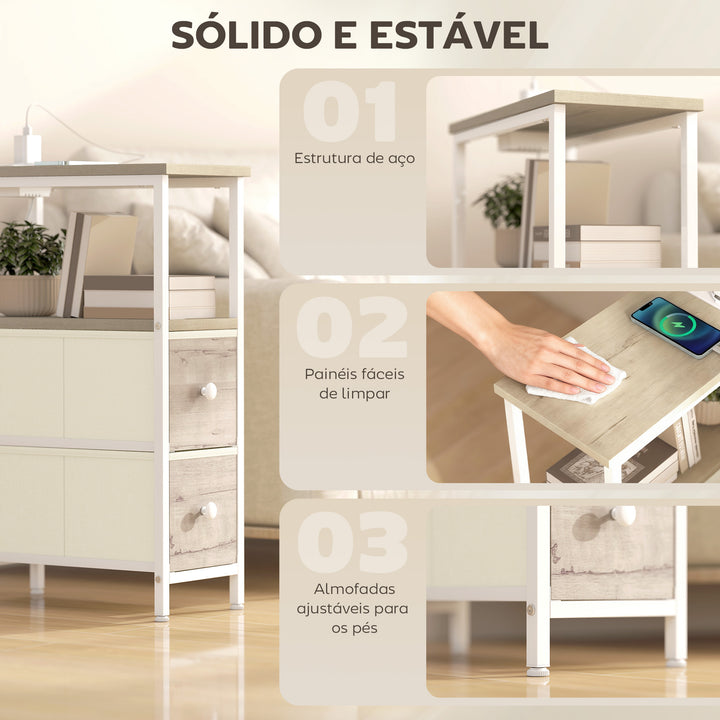 Conjunto de 2 Mesas Auxiliares com Tomada Mesas Auxiliares Estreitas com Tomada AC Porta USB Porta USB-C 2 Gavetas de Tecido Prateleira Aberta para Sala de Estar Quarto Madeira e Branco