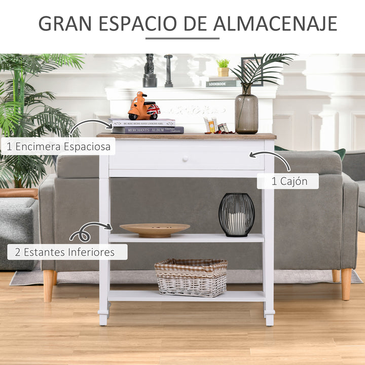 Mesa consola com 2 prateleiras 1 Gaveta Retro Removível 75,6x27,5x80,5 cm Branco