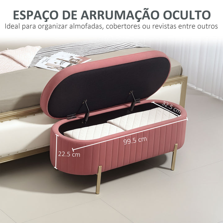 Banco Pé de Cama Estofado em Veludo Banco de Arrumação e Pés Dourado Banco para Entrada Dormitório 108x44x43,5 cm Rosa