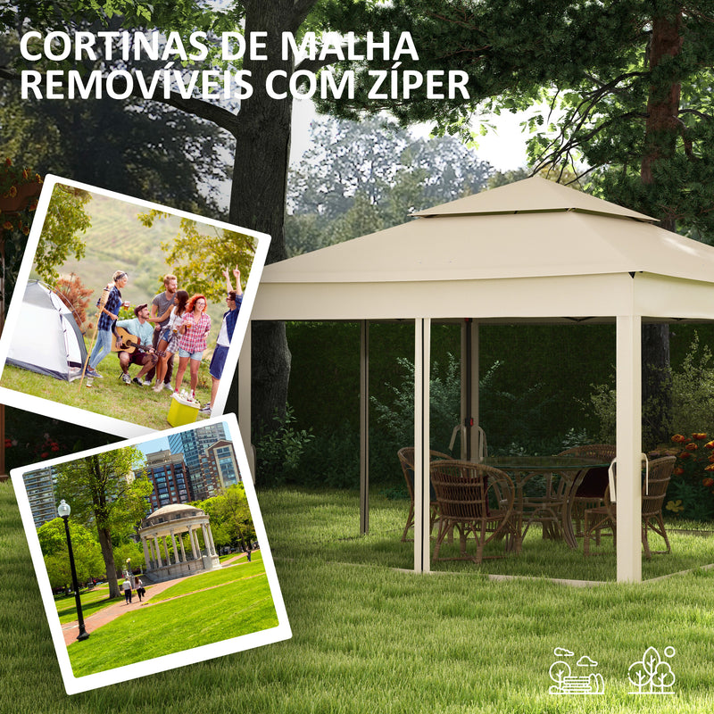 Tenda Dobrável de Exterior 325x325x270 cm Tenda de Jardim com Teto Duplo Rede Mosquiteira Amovível e Bolsa de Transporte para Jardim Pátio Creme