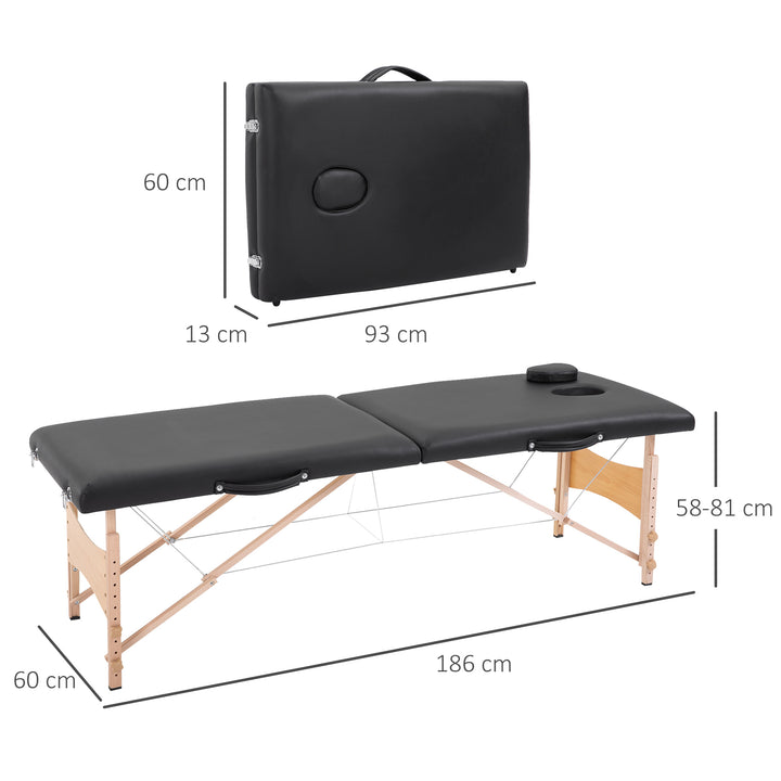 Marquesa de Massagem Dobrável Mesa de Massagem Portátil com Apoio para a Cabeça Estrutura de Madeira Altura Ajustável e Bolsa de Transporte 186x60x58-81 cm Preto