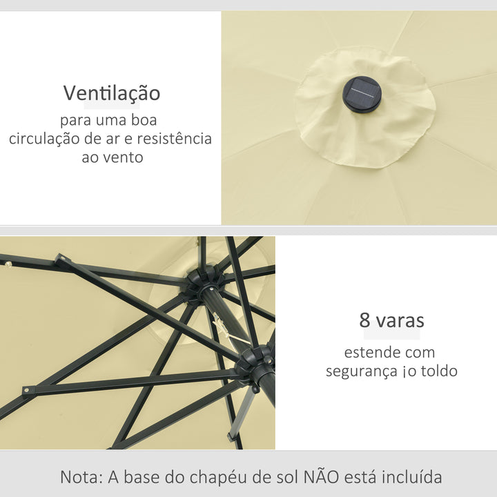 Chapéu de Sol com 32 Luzes LED Solares Ø265x233cm Chapéu de Sol Inclinável com Manivela e Mastro de Aço para Terraço Pátio Exterior Bege