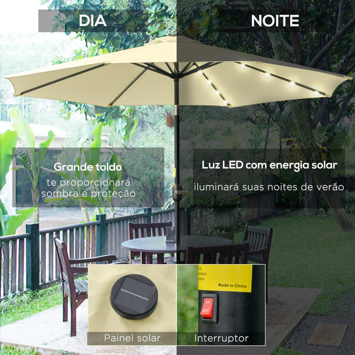 Chapéu de Sol com 32 Luzes LED Solares Ø265x233cm Chapéu de Sol Inclinável com Manivela e Mastro de Aço para Terraço Pátio Exterior Bege