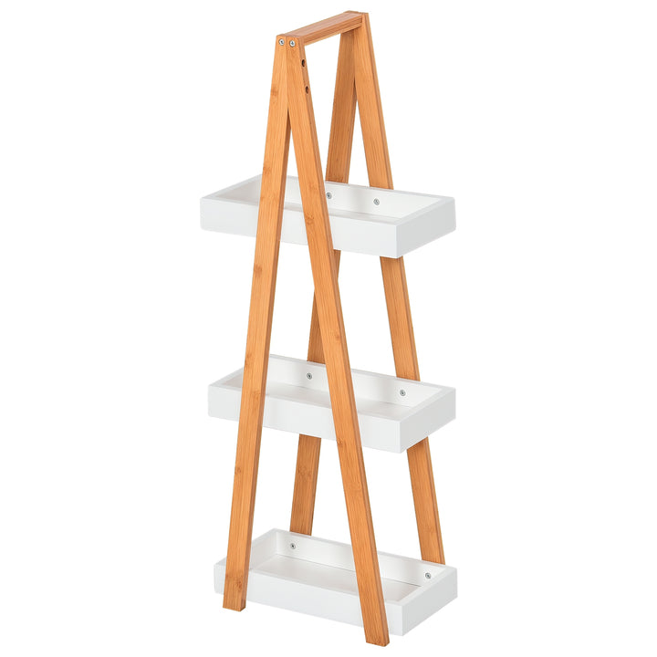 Estante de Bambú para Casa de Banho com 3 Prateleiras de Armazenamento Móvel Organizador para Cozinha Sala de Estar Lavanderia 30x18x81cm Madeira e Branco