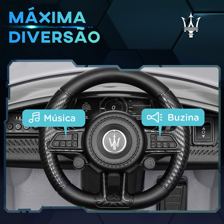 Carro Elétrico para Crianças acima de 3 Anos Carro Maserati Gran Turismo Folgore Carro Elétrico com Bateria 12V Controlo Remoto Faróis Buzina e Música MP3 98x59x43 cm Cinza