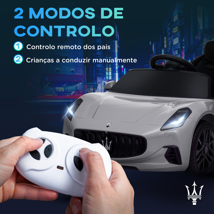 Carro Elétrico para Crianças acima de 3 Anos Carro Maserati Gran Turismo Folgore Carro Elétrico com Bateria 12V Controlo Remoto Faróis Buzina e Música MP3 98x59x43 cm Cinza