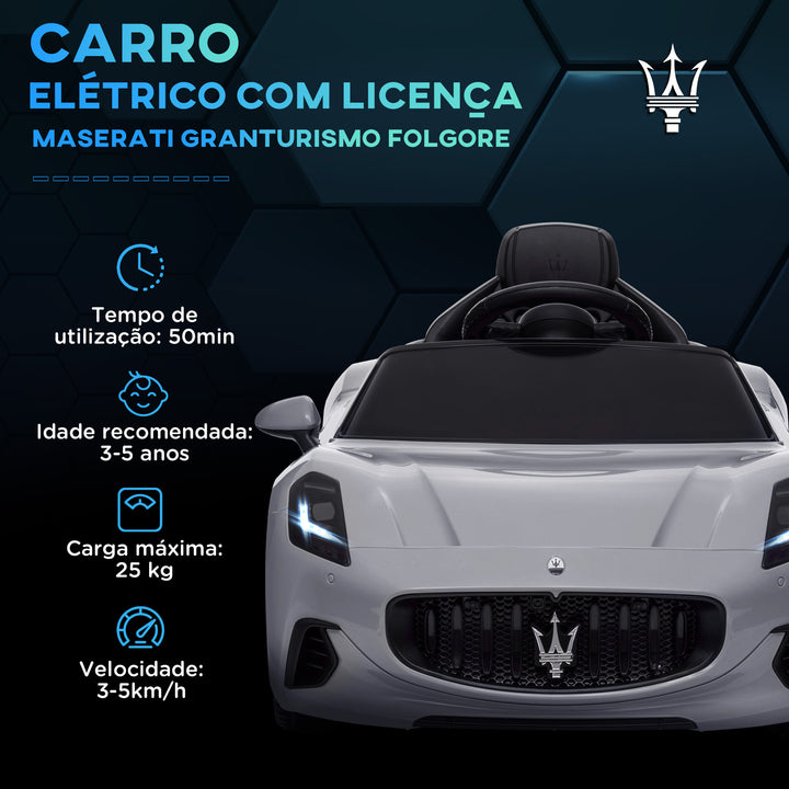 Carro Elétrico para Crianças acima de 3 Anos Carro Maserati Gran Turismo Folgore Carro Elétrico com Bateria 12V Controlo Remoto Faróis Buzina e Música MP3 98x59x43 cm Cinza