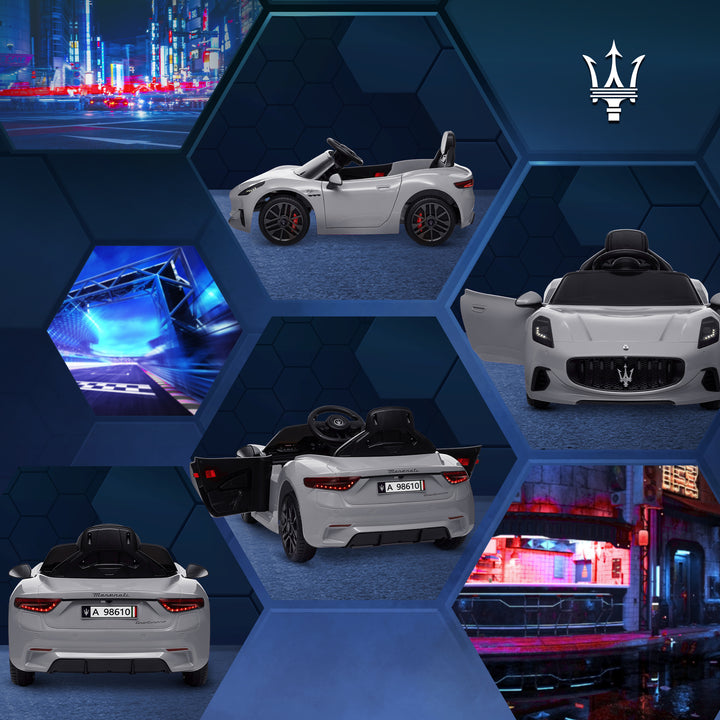 Carro Elétrico para Crianças acima de 3 Anos Carro Maserati Gran Turismo Folgore Carro Elétrico com Bateria 12V Controlo Remoto Faróis Buzina e Música MP3 98x59x43 cm Cinza