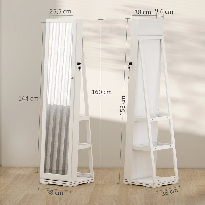 Joalheiro de Pé Armário para Jóias 360° Organizador de Jóias com Fechadura e Espelho Incorporado Carga Máxima 20 kg 38x38x160 cm Branco