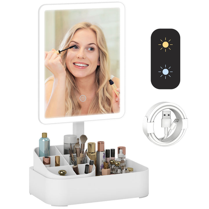 Espelho de Maquilhagem com Luz LED Espelho de Toucador Recarregável com 2 Modos de Iluminação Rotação de 180° Brilho Ajustável Compartimentos Interruptor Tátil para Cuidado da Pele 22x13,8x38 cm Branco