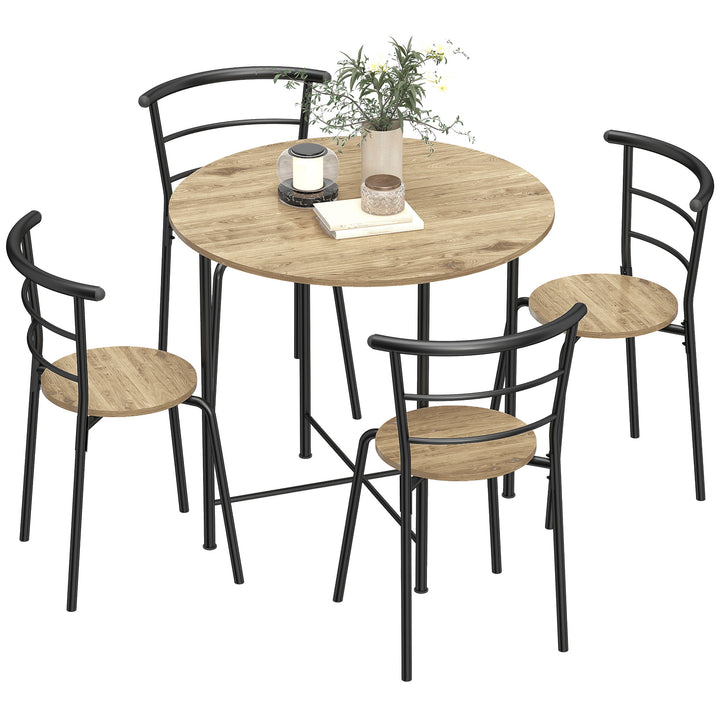 Conjunto de Mesa e Cadeiras de Jantar Compacto, Mesa Redonda com 4 Cadeiras, Estilo Industrial, Estrutura Metálica, Ideal para Espaços Pequenos, Sala de Jantar, Mesa Ø85x76 cm, Natural