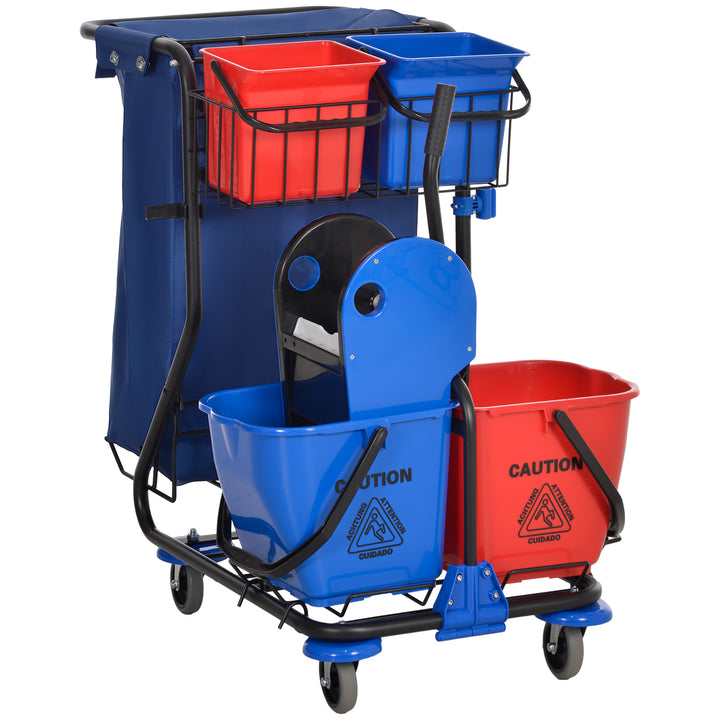 Carro de Limpeza Profissional com Balde Duplo Removível de 18 Litros Escorredor 2 Baldes Auxiliares e Bolsa de Lixo 93x80x97 cm Vermelho e Azul