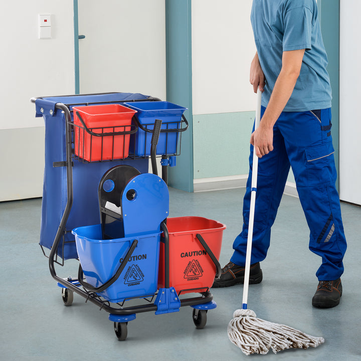 Carro de Limpeza Profissional com Balde Duplo Removível de 18 Litros Escorredor 2 Baldes Auxiliares e Bolsa de Lixo 93x80x97 cm Vermelho e Azul
