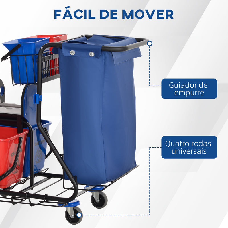 Carro de Limpeza Profissional com Balde Duplo Removível de 18 Litros Escorredor 2 Baldes Auxiliares e Bolsa de Lixo 93x80x97 cm Vermelho e Azul