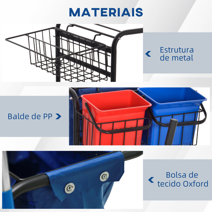 Carro de Limpeza Profissional com Balde Duplo Removível de 18 Litros Escorredor 2 Baldes Auxiliares e Bolsa de Lixo 93x80x97 cm Vermelho e Azul