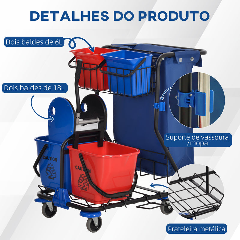 Carro de Limpeza Profissional com Balde Duplo Removível de 18 Litros Escorredor 2 Baldes Auxiliares e Bolsa de Lixo 93x80x97 cm Vermelho e Azul