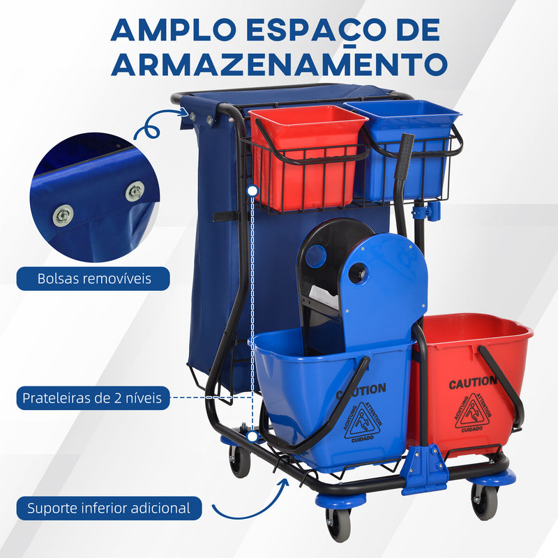 Carro de Limpeza Profissional com Balde Duplo Removível de 18 Litros Escorredor 2 Baldes Auxiliares e Bolsa de Lixo 93x80x97 cm Vermelho e Azul