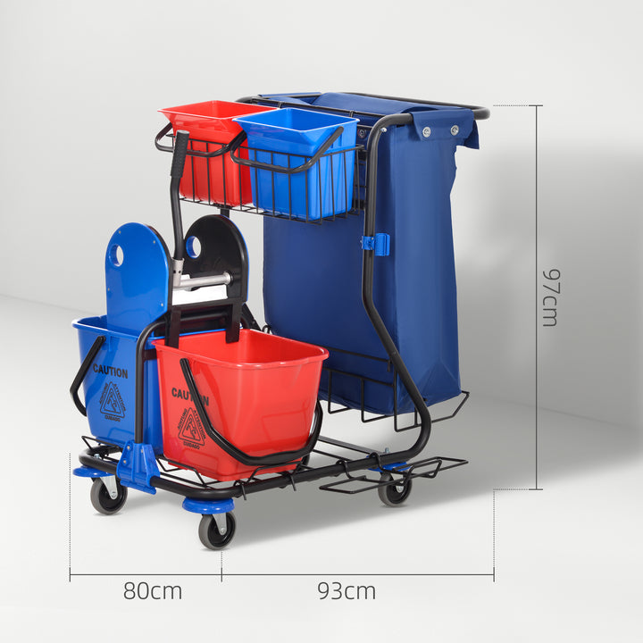 Carro de Limpeza Profissional com Balde Duplo Removível de 18 Litros Escorredor 2 Baldes Auxiliares e Bolsa de Lixo 93x80x97 cm Vermelho e Azul