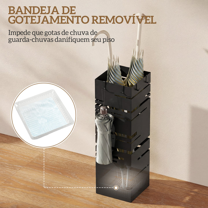 Suporte para Guarda Chuva Metálico com 4 Ganchos e Bandeja de Recolha de Gotas Removível Porta Guarda Chuva Branco para Entrada Escritório 15,5x15,5x49 cm Preto