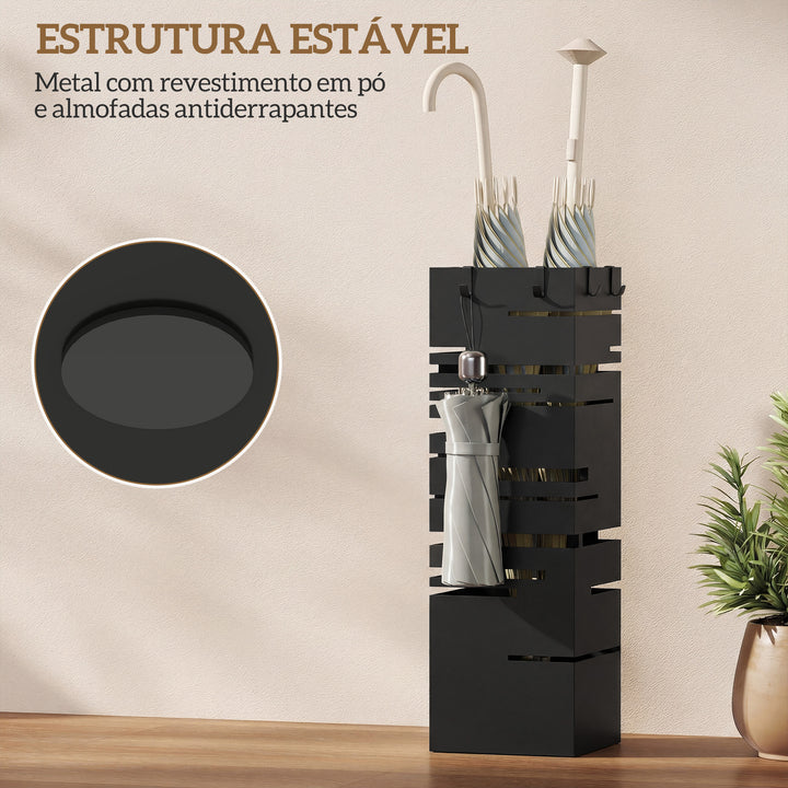Suporte para Guarda Chuva Metálico com 4 Ganchos e Bandeja de Recolha de Gotas Removível Porta Guarda Chuva Branco para Entrada Escritório 15,5x15,5x49 cm Preto