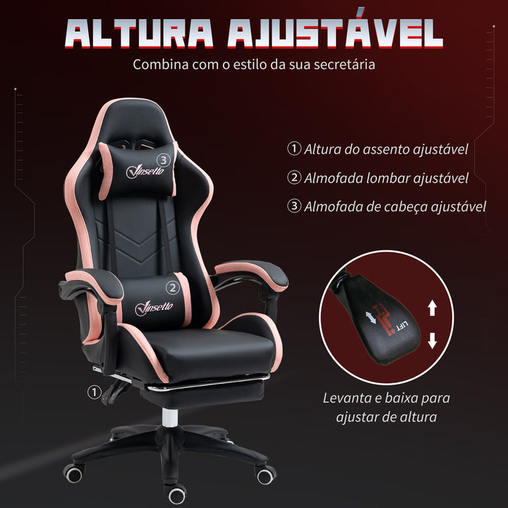 Cadeira Gaming Cadeira Gamer Racing de Couro PU com Altura Ajustável Reclinável 135° Apoio para a Cabeça e Apoio para os Pés Retrátil para Escritório Estúdio 65x65x121-129 cm Preto e Rosa