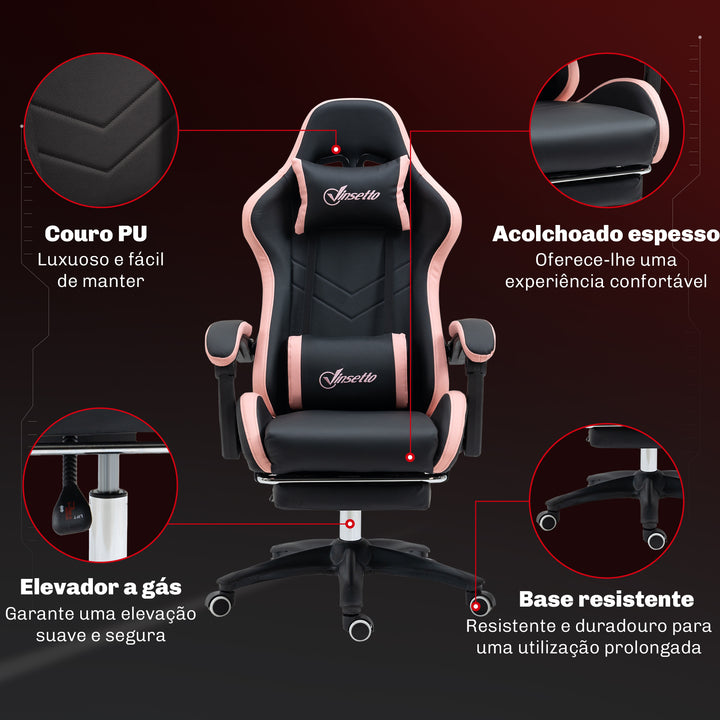 Cadeira Gaming Cadeira Gamer Racing de Couro PU com Altura Ajustável Reclinável 135° Apoio para a Cabeça e Apoio para os Pés Retrátil para Escritório Estúdio 65x65x121-129 cm Preto e Rosa