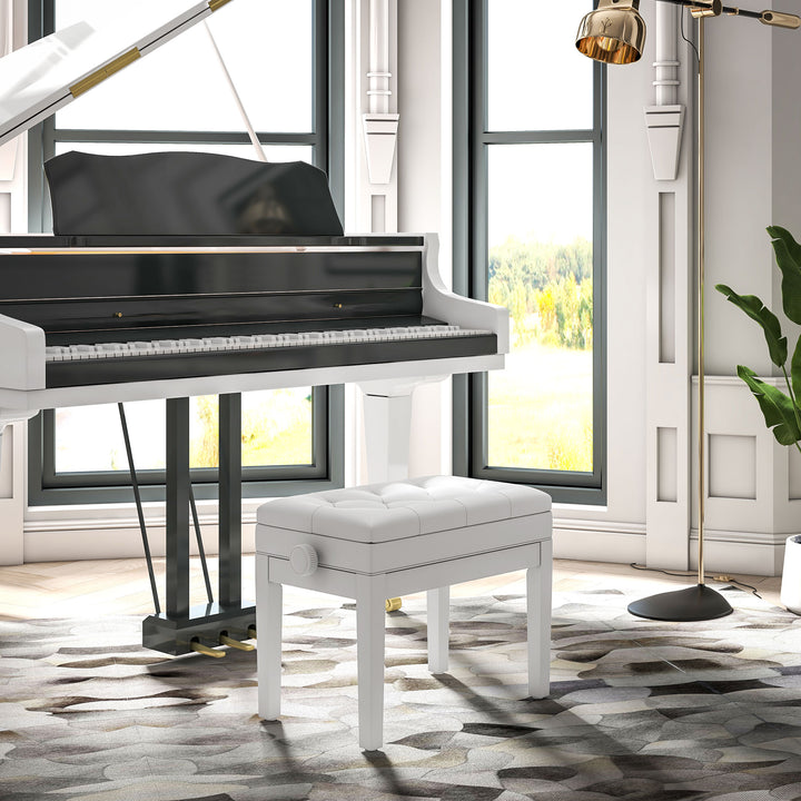 Banco de Piano com Espaço de Armazenamento e Altura Ajustável Banco para Piano com Assento Acolchoado Carga 200 kg 54,5x33x48-58 cm Branco
