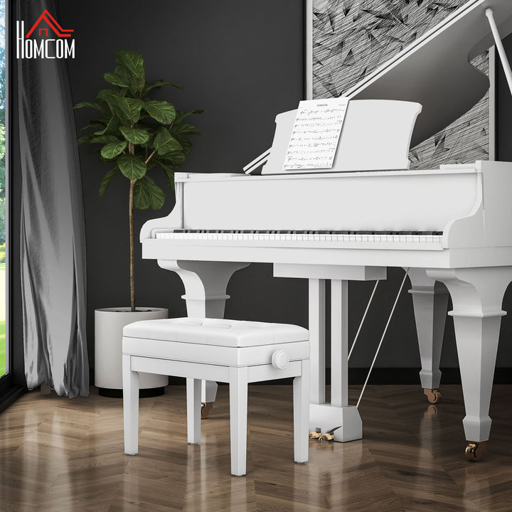 Banco de Piano com Espaço de Armazenamento e Altura Ajustável Banco para Piano com Assento Acolchoado Carga 200 kg 54,5x33x48-58 cm Branco