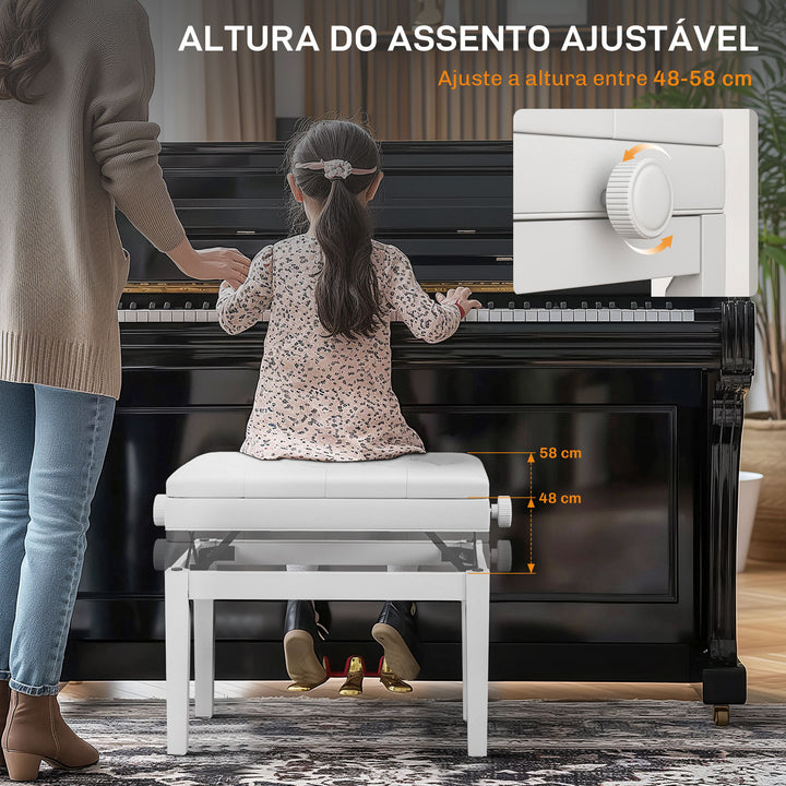 Banco de Piano com Espaço de Armazenamento e Altura Ajustável Banco para Piano com Assento Acolchoado Carga 200 kg 54,5x33x48-58 cm Branco