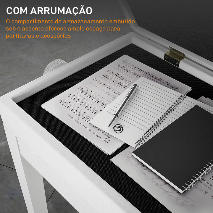 Banco de Piano com Espaço de Armazenamento e Altura Ajustável Banco para Piano com Assento Acolchoado Carga 200 kg 54,5x33x48-58 cm Branco
