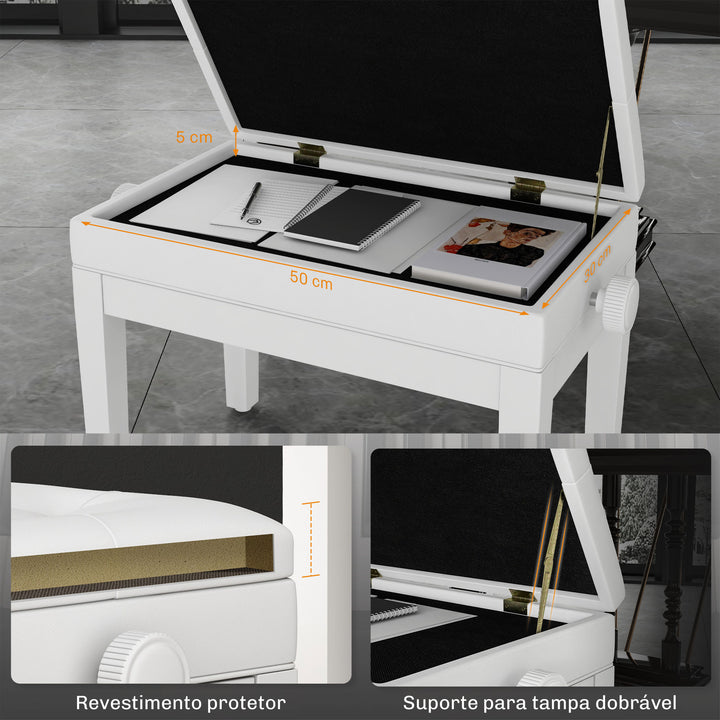 Banco de Piano com Espaço de Armazenamento e Altura Ajustável Banco para Piano com Assento Acolchoado Carga 200 kg 54,5x33x48-58 cm Branco