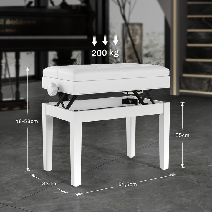 Banco de Piano com Espaço de Armazenamento e Altura Ajustável Banco para Piano com Assento Acolchoado Carga 200 kg 54,5x33x48-58 cm Branco
