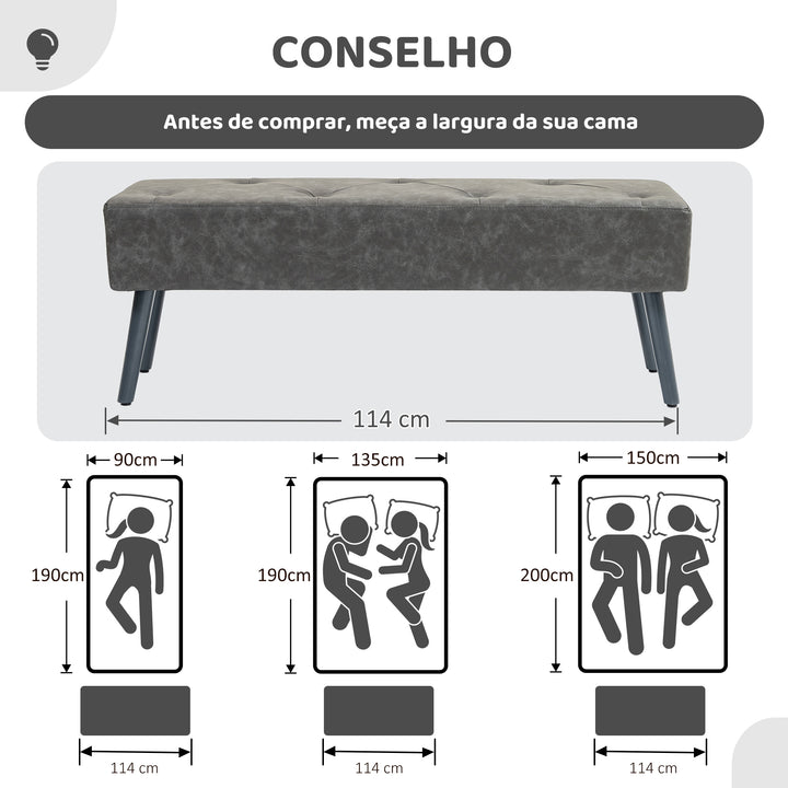 Banco de Pé de Cama Multifuncional Banco Pé de Cama Clássico Banco Dormitório com Pés de Madeira e Assento Acolchoado Carga 120 kg para Entrada Corredor 114x38x42 cm Cinza