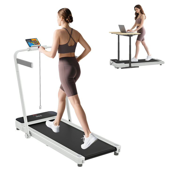 Passadeira Dobrável 7% Inclinação, Caminhadora Elétrica 0-12 KM/H, 2 em 1 para usar sob a Secretária, com Motor de 2.5HP, Ecrã LED, Controlo Remoto e Suporte Integrado, para Casa e Escritório