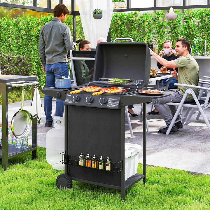 Barbecue a Gás com 3+1 Queimadores 9,5 kW Barbecue Portátil com Termómetro Mesa Lateral Prateleira para Temperos Grelha Recolhedor de Gordura 2 Rodas para Jardim Exterior Campismo 108x54x97 cm Preto