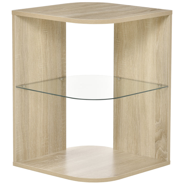 Mesa Auxiliar Moderna Mesa de Cabeceira com 3 Prateleiras 1 de Vidro para Sala de Estar Dormitório 40x40x56cm Madeira Natural