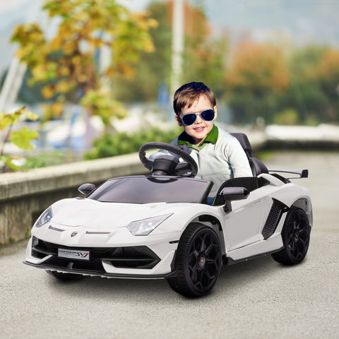 Carro Elétrico Lamborghini para Crianças de 37 a 60 Meses Carro Elétrico a Bateria 12V Velocidade Máxima 5km/h Controlo Remoto MP3 Luzes e Cinto de Segurança 107,5x63x42 cm Branco