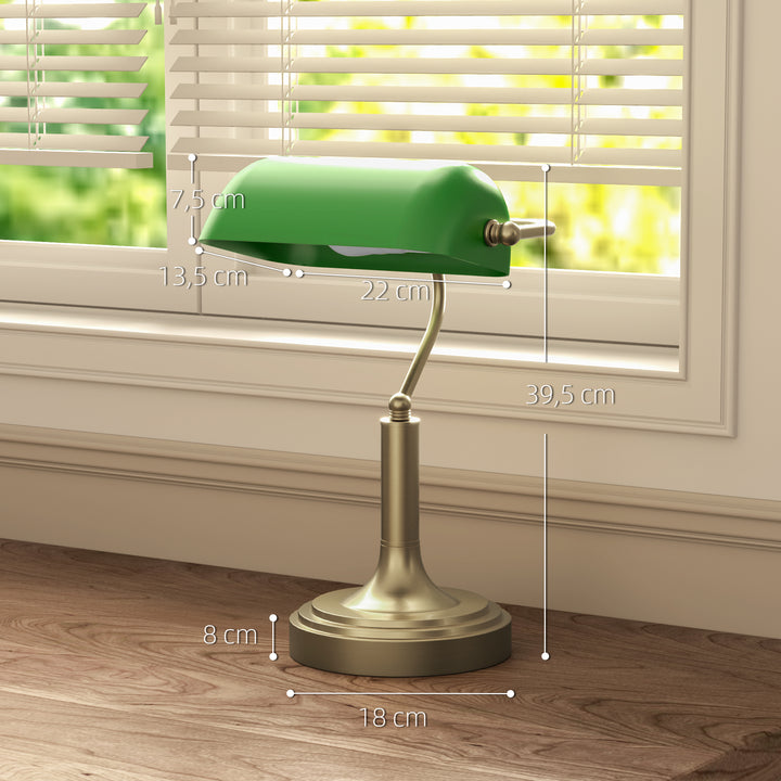 Candeeiro de Mesa Banqueiro Candeeiro de Mesa Vintage E27 com Ecrã Orientável a 45° Interruptor Basculante para Casa Escritório Biblioteca 26,8x22x39,5 cm Verde