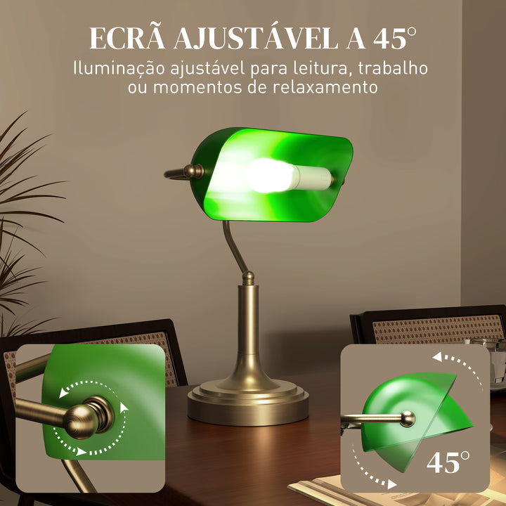 Candeeiro de Mesa Banqueiro Candeeiro de Mesa Vintage E27 com Ecrã Orientável a 45° Interruptor Basculante para Casa Escritório Biblioteca 26,8x22x39,5 cm Verde