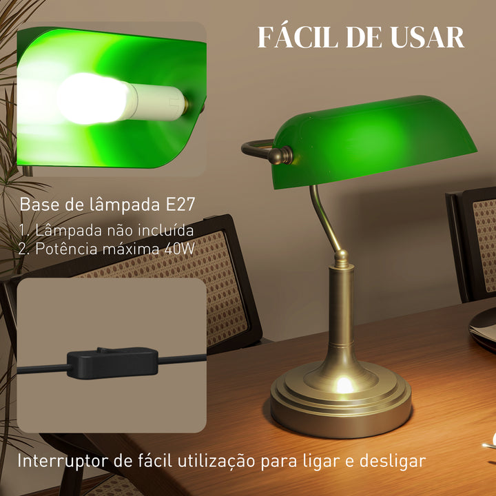 Candeeiro de Mesa Banqueiro Candeeiro de Mesa Vintage E27 com Ecrã Orientável a 45° Interruptor Basculante para Casa Escritório Biblioteca 26,8x22x39,5 cm Verde